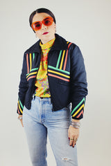 black with yellow orange and green stripped cropped zip up ski jacket vintage 1970's