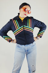 black with yellow orange and green stripped cropped zip up ski jacket vintage 1970's