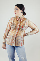 long sleeve brown striped eyelet button up blouse with collar vintage 1970's