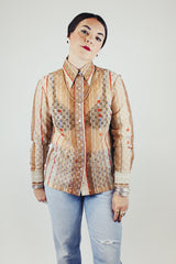 long sleeve brown striped eyelet button up blouse with collar vintage 1970's