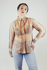 long sleeve brown striped eyelet button up blouse with collar vintage 1970's