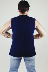 navy knit button up vest with grey and brown suede panels in the front vintage 1970's