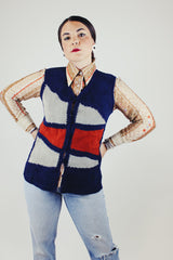navy knit button up vest with grey and brown suede panels in the front vintage 1970's