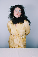 Women's vintage 1960's long sleeve gold yellow satin open front robe jacket with overall embroidered pattern