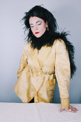 Women's vintage 1960's long sleeve gold yellow satin open front robe jacket with overall embroidered pattern