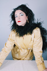 Women's vintage 1960's long sleeve gold yellow satin open front robe jacket with overall embroidered pattern