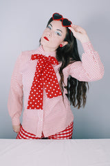 Women's vintage 1970's Lady Arrow label long sleeve white polyester button up blouse with red polka dots. Dagger collar and detachable adjustable tie neck.