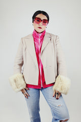 light beige blazer with white fur cuffs vintage women's 1980's