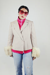 light beige blazer with white fur cuffs vintage women's 1980's