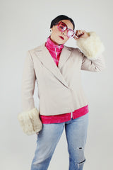 light beige blazer with white fur cuffs vintage women's 1980's