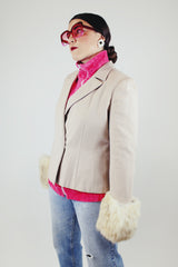 light beige blazer with white fur cuffs vintage women's 1980's