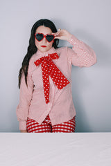 Women's vintage 1970's Lady Arrow label long sleeve white polyester button up blouse with red polka dots. Dagger collar and detachable adjustable tie neck.