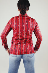 long sleeve button blouse maroon with all over print has collar vintage 1970's