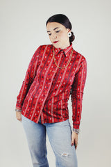 long sleeve button blouse maroon with all over print has collar vintage 1970's