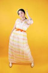 sleeveless white maxi dress vintage 1960's with yellow and orange stripes and ruffled collar
