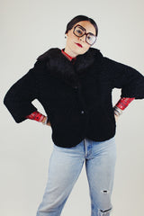 black nubby wool jacket with dark brown fur trim around collar vintage 1940's