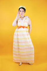 sleeveless white maxi dress vintage 1960's with yellow and orange stripes and ruffled collar