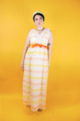 sleeveless white maxi dress vintage 1960's with yellow and orange stripes and ruffled collar