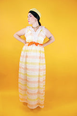 sleeveless white maxi dress vintage 1960's with yellow and orange stripes and ruffled collar