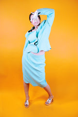 1980's set, teal color, blazer and pencil skirt both with rhinestone trim throughout and rhinestone buttons