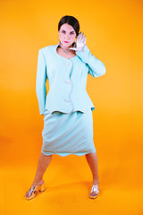 1980's set, teal color, blazer and pencil skirt both with rhinestone trim throughout and rhinestone buttons