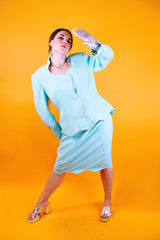 1980's set, teal color, blazer and pencil skirt both with rhinestone trim throughout and rhinestone buttons