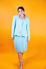 1980's set, teal color, blazer and pencil skirt both with rhinestone trim throughout and rhinestone buttons