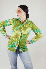 green floral print button up blouse with collar polyester vintage 1970's