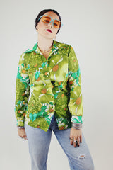 green floral print button up blouse with collar polyester vintage 1970's