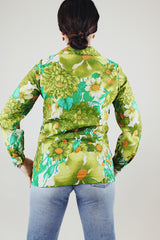 green floral print button up blouse with collar polyester vintage 1970's