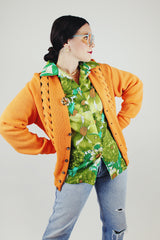 long sleeve wool orange cardigan buttons up the front cable knit detail vintage 1960's