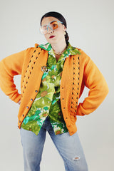 long sleeve wool orange cardigan buttons up the front cable knit detail vintage 1960's
