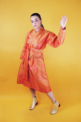 orange with floral print kimono with matching tie belt knee length rounded bell sleeves vintage