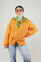 long sleeve wool orange cardigan buttons up the front cable knit detail vintage 1960's