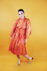 orange with floral print kimono with matching tie belt knee length rounded bell sleeves vintage