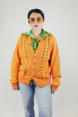 long sleeve wool orange cardigan buttons up the front cable knit detail vintage 1960's