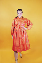 orange with floral print kimono with matching tie belt knee length rounded bell sleeves vintage