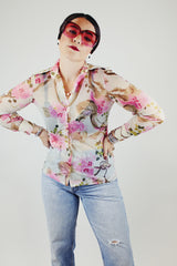 sheer white pink floral print button up blouse with pointy collar vintage 1970's