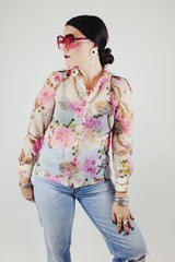 sheer white pink floral print button up blouse with pointy collar vintage 1970's