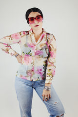 sheer white pink floral print button up blouse with pointy collar vintage 1970's
