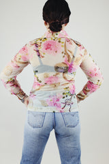 sheer white pink floral print button up blouse with pointy collar vintage 1970's