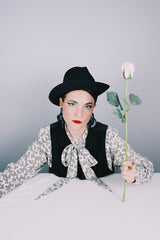 Women's vintage 1980's Evan-Picone, Neiman-Marcus label long sleeve button up. blouse in white polyester material with all over black abstract print.