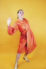 orange with floral print kimono with matching tie belt knee length rounded bell sleeves vintage