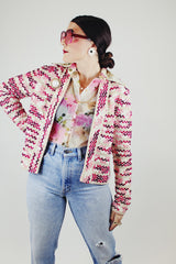 cream with pink striped open cardigan vintage 1960's