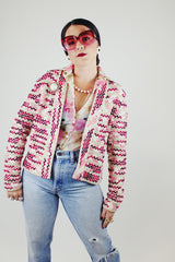 cream with pink striped open cardigan vintage 1960's