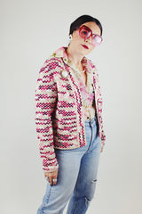 cream with pink striped open cardigan vintage 1960's