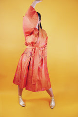 orange with floral print kimono with matching tie belt knee length rounded bell sleeves vintage