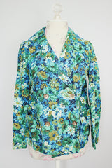 green and blue floral printed cotton linen double breasted blazer women's vintage 1960's