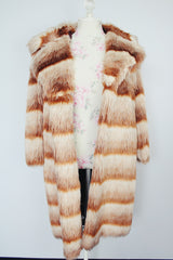 long sleeve long length burnt orange and cream faux fur striped coat vintage 1970's