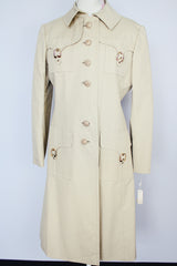 long sleeve knee length light tan trench with gold hardware vintage 1970's saks alley